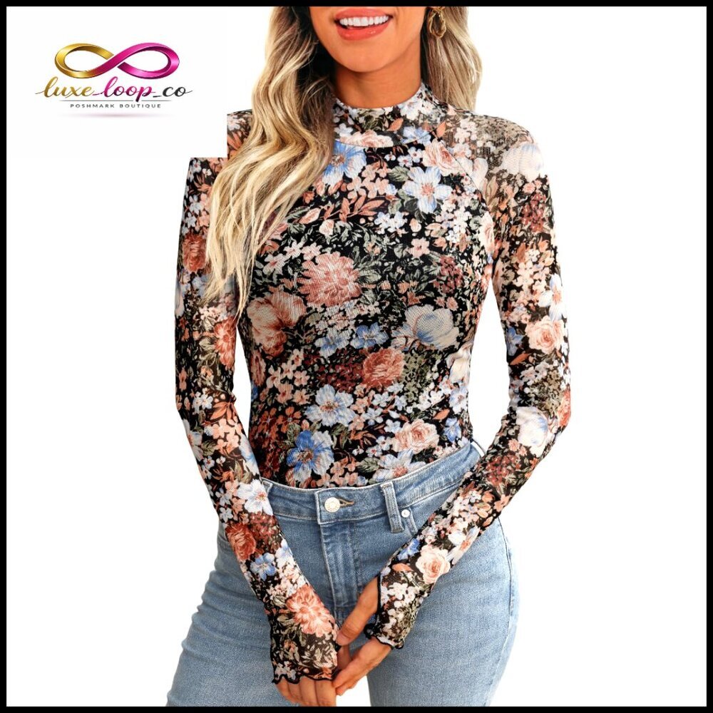 Floral Mesh Mockneck Long Sleeve Top Regular Fit Polyester Spandex